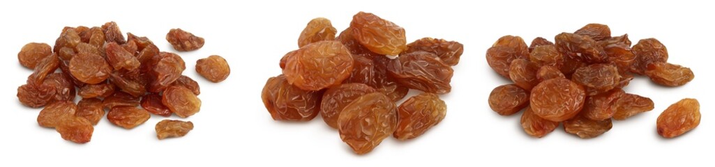 Brown raisin isolated on white background with clipping path. Top view. Flat lay. Set or collection