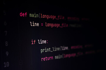 The programmer creates code in Python. Python programming. Lines of program code for the...