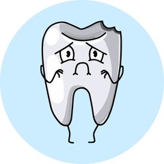 Cartoon sad cute sick tooth, vector on a round blue background, icon, logo, design element