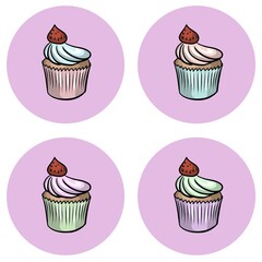 A festive cupcake with multicolored cream and a berry at the top, on a round pink background. Vector illustration