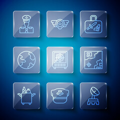 Set line Trolley for food, Pilot hat, Radar, Suitcase, with targets on monitor, Worldwide, and travel map icon. Vector