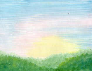 Fototapeta premium Early sunny morning, gentle landscape with fog. Landscape painted with paints, horizontal background