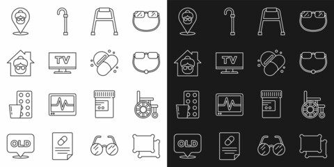 Set line Pillow, Wheelchair, Eyeglasses, Walker, Smart Tv, Nursing home, and Medicine pill or tablet icon. Vector