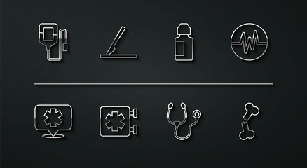 Set line IV bag, Medical symbol of the Emergency, Heart rate, Stethoscope, surgery scalpel, Human broken bone and Eye drop bottle icon. Vector