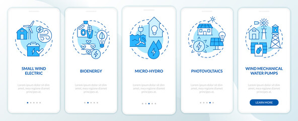 Rural electrification technology blue onboarding mobile app screen. Walkthrough 5 steps graphic instructions pages with linear concepts. UI, UX, GUI template. Myriad Pro-Bold, Regular fonts used