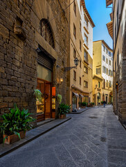 Fototapeta na wymiar Narrow cozy street in Florence, Tuscany, Italy. Architecture and landmark of Florence. Cozy Florence cityscape