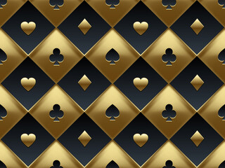 Black and gold seamless pattern fabric poker table. Luxury casino vector 3d background with texture composed from volume card symbol texture