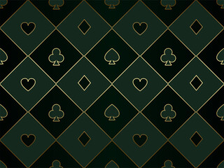 Black and green seamless pattern fabric poker table. Minimalistic casino vector background with golden line poker card symbol texture
