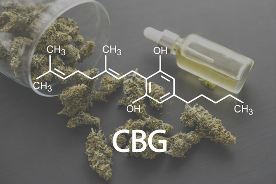 CBG Cannabis plants chemical formula. with cannabigerol molecule.