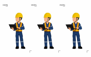 An industrial worker with laptop is explaining something on white background