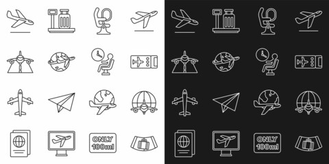 Set line Conveyor belt with suitcase, Globe flying plane, Airline ticket, Airplane seat, Plane, landing and Human waiting airport terminal icon. Vector