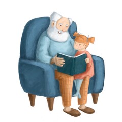 grandfather and granddaughter reading a book in the armchair, watercolor style illustration, family clipart