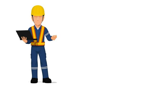 An industrial worker with laptop is explaining something on white background

