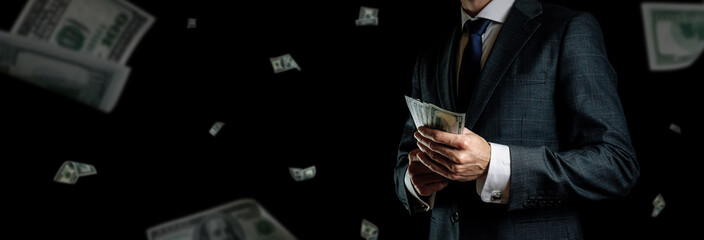 Dollar bill. Business man hand holding Washington American cash. Usd money falling banner.