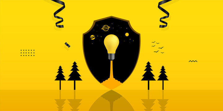 Light bulb launching inside shield hole on yellow background