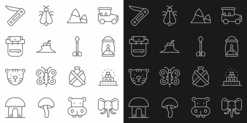 Set line Elephant, Chichen Itza in Mayan, Camping lantern, Mountains, Tree stump, Hiking backpack, Swiss army knife and Arrow icon. Vector