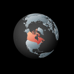 Low poly globe centered to Canada. Red polygonal country on the globe. Satellite view of Canada. Authentic vector illustration.