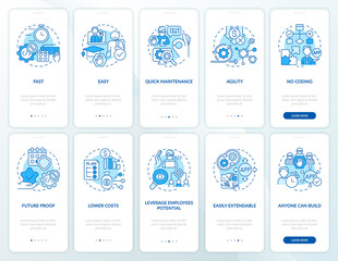 Web 3 0 blue onboarding mobile app screen set. Low code solution walkthrough 5 steps graphic instructions pages with linear concepts. UI, UX, GUI template. Myriad Pro-Bold, Regular fonts used