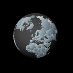 Low poly globe centered to Denmark. Red polygonal country on the globe. Satellite view of Denmark. Trendy vector illustration.