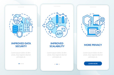 Web 3 0 benefits blue onboarding mobile app screen. No code option walkthrough 3 steps graphic instructions pages with linear concepts. UI, UX, GUI template. Myriad Pro-Bold, Regular fonts used