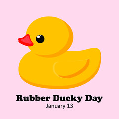 Holiday National Rubber Duck Day. Yellow cute duckling on a pink background. Waterfowl. Vector.