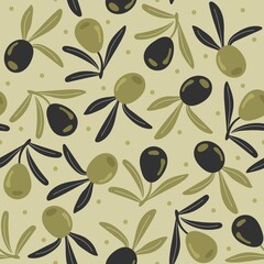 Seamless pattern with olives, branches and leaves for emblems and bottles, cosmetics,organic products and packaging. Healthy lifestyle, organic. Vector illustration