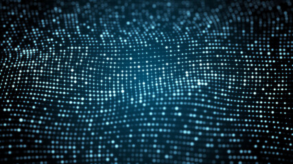A wave of glowing particles. Dynamic dark background with blue dots. Visualization of big data. 3d rendering.