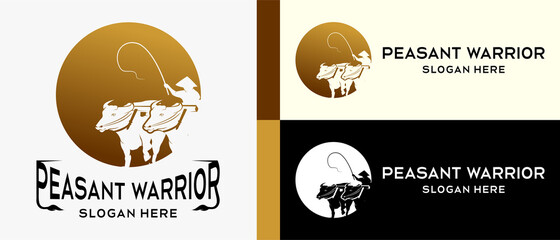 Plow paddy field logo design template in vintage style with concept of buffalo silhouette element and point insider. premium logo illustration vector