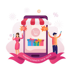 Chinese new year shopping concept, Sale, and discount. People do shopping online through their gadgets near a giant smartphone. Flat vector template Style Suitable for Web Landing Page.