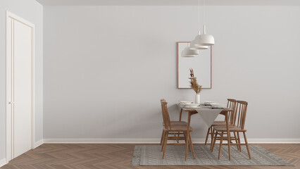 Modern white and wooden dining room with table set and vintage scandinavian chair, empty space with carpet, door, mirror and pendant lamps. Copy space, interior design idea