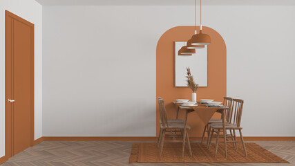 Modern white, orange and wooden dining room with table set and vintage scandinavian chair, empty space with carpet, door, mirror and pendant lamps. Copy space, interior design idea
