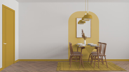 Modern white, yellow and wooden dining room with table set and vintage scandinavian chair, empty space with carpet, door, mirror and pendant lamps. Copy space, interior design idea