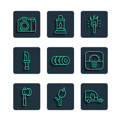 Set line Wooden axe, Marshmallow on stick, Rv Camping trailer, Torch flame, Blanket roll, Knife, Photo camera and Sunrise icon. Vector