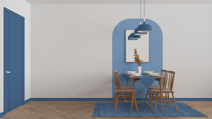 Modern white, blue and wooden dining room with table set and vintage scandinavian chair, empty space with carpet, door, mirror and pendant lamps. Copy space, interior design idea
