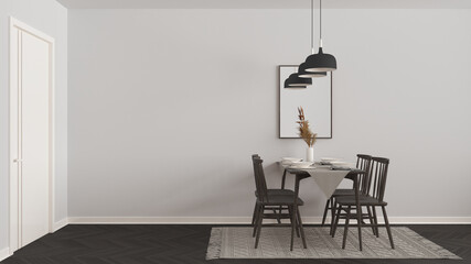 Modern white and dark wooden dining room with table set and vintage scandinavian chair, empty space with carpet, door, mirror and pendant lamps. Copy space, interior design idea