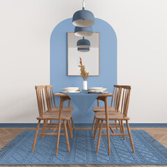 Modern white, blue and wooden dining room with table set and vintage scandinavian chair, empty space with carpet, door, mirror and pendant lamps. Copy space, interior design idea