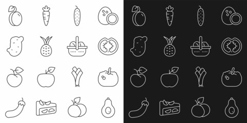 Set line Avocado, Pumpkin, Tomato, Cucumber, Pineapple, Potato, Plum fruit and Basket and food icon. Vector