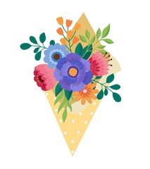 Vector bouquet wildflowers, of red, orange, yellow, blue and purple flowers isolated on yellow background. March 8 Valentine's Day