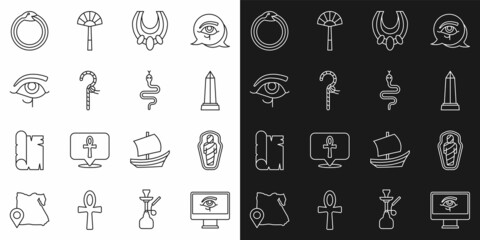 Set line Eye of Horus on monitor, Egypt mummy in sarcophagus, Obelisk Alexandria, Egyptian necklace, Crook, Magic symbol Ouroboros and Snake icon. Vector