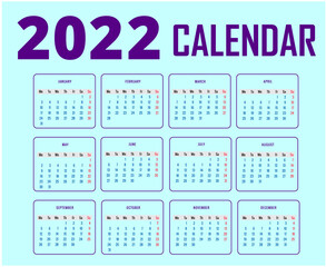 Calendar 2022 Months Happy New Year Abstract Design Vector Illustration Purple With Cyan Background