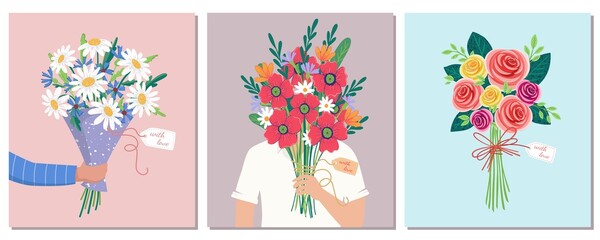 Set of Vector bouquet hand holding chamomile, poppies, roses of red, orange, yellow, blue and purple flowers isolated on a pink background. March 8 Valentine's Day