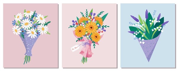 Set of Vector bouquet hand holding chamomile, gerbera, lilies of the valley of red, orange, yellow, blue and purple flowers isolated on a pink background. March 8 Valentine's Day