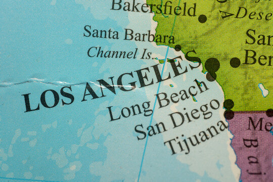 1.24.22 - RAK, UAE - Colorful map of Los Angelas, United States of America, in English and French."