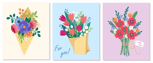 Set of Vector bouquet hand holding wildflowers, poppies, tulips of red, orange, yellow, blue and purple flowers isolated on a pink background. March 8 Valentine's Day
