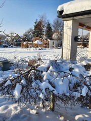 Zimowy ogród i taras pod śnieżną pierzynką - obrazy, fototapety, plakaty