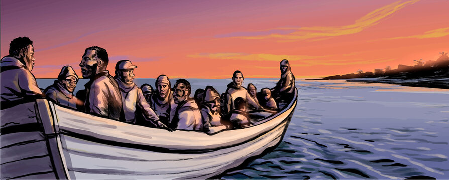 Illustration about Sub-Saharan immigrants crossing the sea in a small boat
