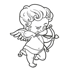 Cute cartoon cupid archer standing outlined for coloring on white background