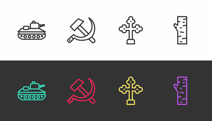 Set line Military tank, Hammer and sickle USSR, Christian cross and Birch tree on black and white. Vector