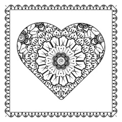 Mehndi flower with frame in shape of heart. decoration in ethnic oriental, doodle ornament.