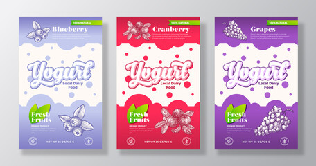 Fruits, Berries Yogurt Label Templates Set. Abstract Vector Dairy Packaging Design Layouts Collection. Modern Banner with Hand Drawn blueberry, cranberry, grapes Sketches Background Isolated